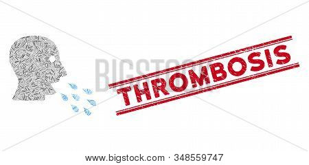 Mosaic Respiratory Infection Icon And Red Thrombosis Rubber Print Between Double Parallel Lines. Fla