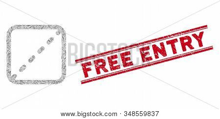 Mosaic Shares Icon And Red Free Entry Seal Between Double Parallel Lines. Flat Vector Shares Mosaic 