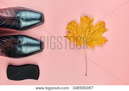 Rainproof Boots With Polish Sponge And Autumn Leaf As Symbol Rainy Weather. Autumn Waterproof Woman 