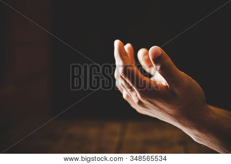 Close Up Prayer Hand Pray In Church, Pastor Pray To God.