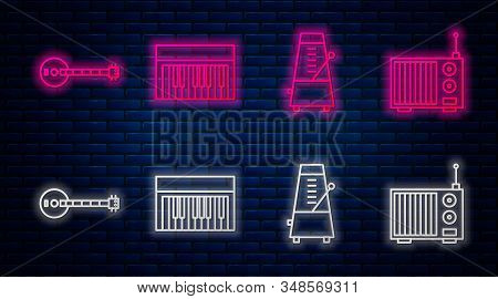 Set Line Music Synthesizer, Metronome With Pendulum In Motion, Banjo And Radio With Antenna. Glowing