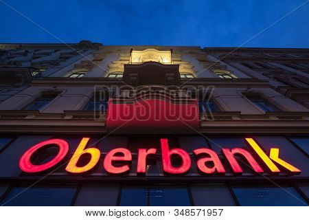 Prague, Czechia - November 2, 2019: Oberbank Logo On Their Main Bank In The Center Of Prague. Oberba