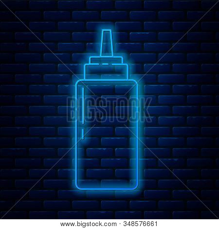 Glowing Neon Line Sauce Bottle Icon Isolated On Brick Wall Background. Ketchup, Mustard And Mayonnai