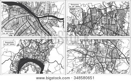 Semarang, Samarinda, Serang and Pontianak Indonesia City Maps in Black and White Color. Outline Maps.