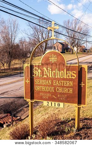 Monroeville, Pennsylvania, Usa 2/2/20 The Sign For St Nicholas Serbian Eastern Orthodox Church On Ha