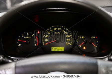 Novosibirsk, Russia - December 18, 2019:  Hyundai Grand Starex, Dashboard Of The Car Is Illuminated 