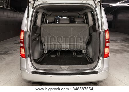 Novosibirsk, Russia - December 18, 2019:  Hyundai Grand Starex,close-up Of The Open Trunk, Headlight