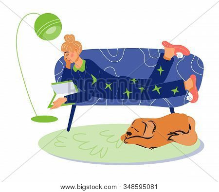 Woman Cartoon Character Resting At Home On Couch With Book. Vector Isolated.
