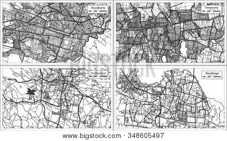 Tasikmalaya, Tangerang, Surabaya and Surakarta Indonesia City Maps in Black and White Color. Outline Maps.