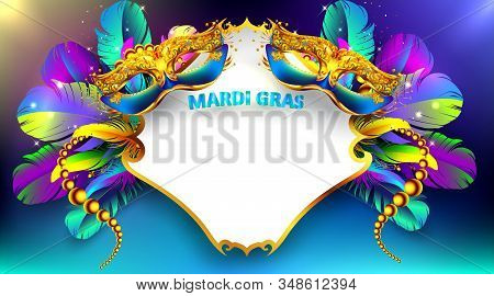 Mardi Gras Carnival Mask Poster Background With Copy Space For Text. Bokeh Effect For Celebration Gr