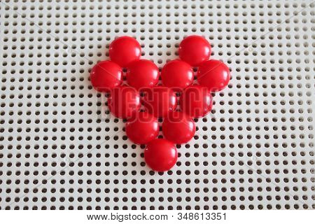 Red Heart On Pegboard Mushroom Nail Mosaic. Educational Toy Diy Puzzle. Valentines Day Or Family Lov