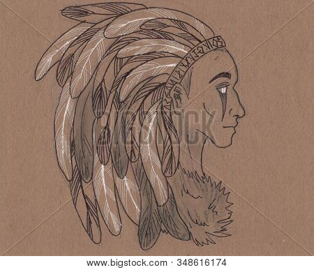 Esoteric And Magic Illustration Of A Human In Graphics. Shaman, Medium, Leader. Figure Black Pen Iso