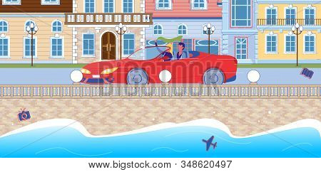 Couple In Love Bowling Along Waterfront In Chic Red Open Roof Car, Enjoying New Experiences. Histori