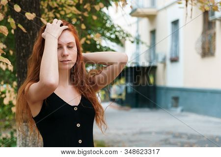 Problem Hair Concept. Ginger Woman Outsude With Copy Space.