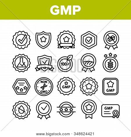 Gmp Certified Mark Collection Icons Set Vector Thin Line. Gmp Good Manufacturing Practice In Form Sh