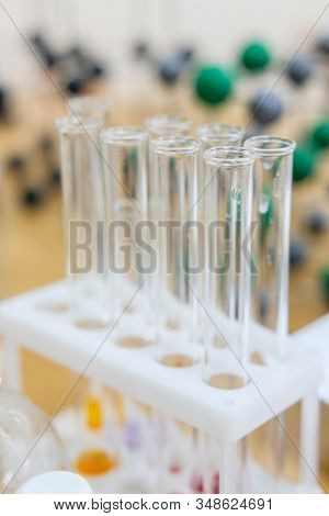 image of test tubes and flasks on a table