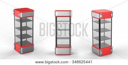 Transparent Display Case Glass Showcase Mobile Phone Display Counter. 3d Illustration