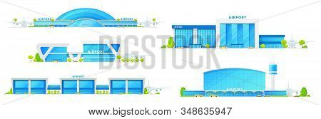 Airport Glass Facade Terminal Building Icons, Airplane Runway And Passenger Terminal Infrastructure.