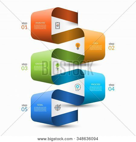 Vector Infographic Ribbon Template With 5 Steps, Options. Can Be Used As Timeline, Diagram, Flow Cha