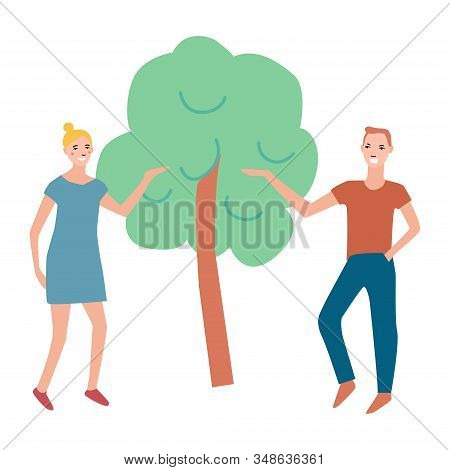 Female And Male Cartoon Character Standing Near The Tree. Trendy Flat Vector Illustration, Modern Ad