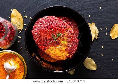 Food Preparation Ingredients Concept Organic Raw Minced Or Ground Beef Marinated With Spices For Ori