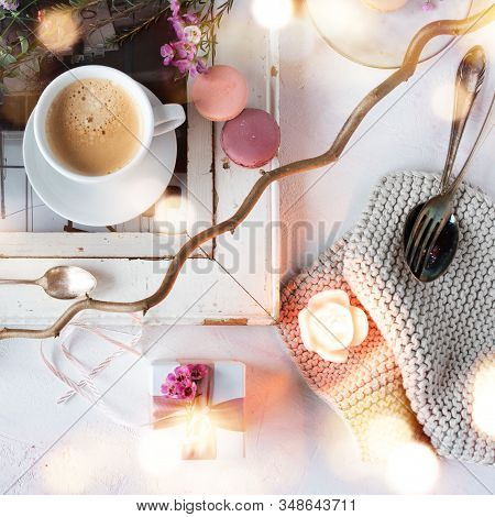 Mothers Day Decoration In Bright Vintage Style With Macarons And A Cup Of Coffee. Square Floral Stil