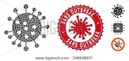 Mosaic Sars Virus Icon And Red Round Rubber Stamp Seal With Sars Outbreak Text And Coronavirus Symbo