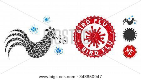 Mosaic Bird Flu Icon And Red Rounded Grunge Stamp Seal With Bird Flu Text And Coronavirus Symbol. Mo