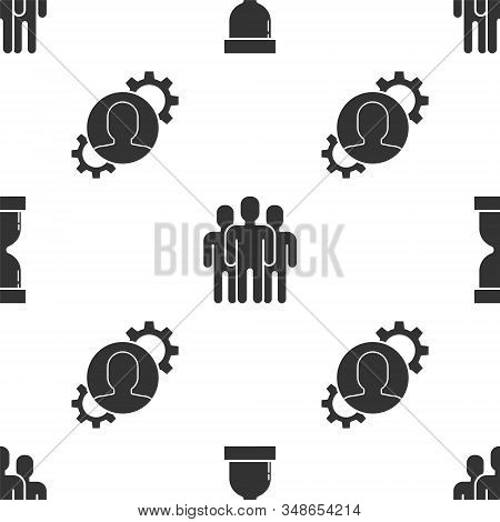 Set Old Hourglass With Flowing Sand, Users Group And Human With Gear Inside On Seamless Pattern. Vec