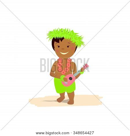 Vector Flat Illustration. Hawaiian Boy With Ukulele.