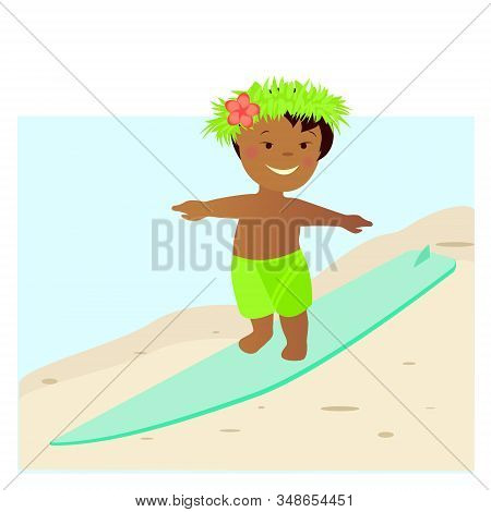 Vector Flat Illustration. Hawaiian Boy On The Beach. Surfing For Children.