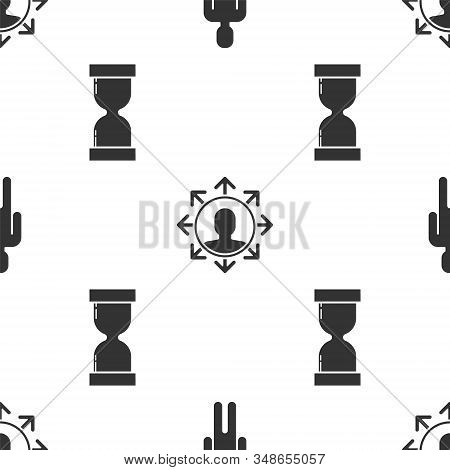 Set User Of Man In Business Suit, Project Team Base And Old Hourglass With Flowing Sand On Seamless 