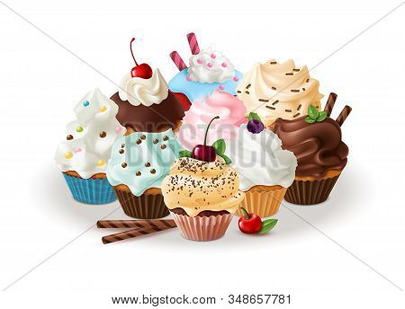Group Of Cupcakes. Sweets And Homemade Cupcake With Caramel, Meringue In Box For Shop Vector Dessert