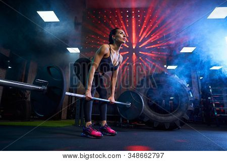 From Below View Of Brunette Female Bodybuilder With Braids Doing Deadlift Using Barbell. Srtong Woma