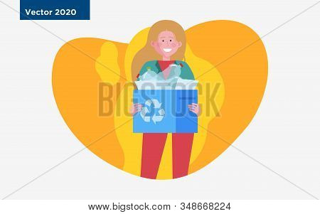 Happy Woman Holding Box With Plastic Trash. Eco Volunteer, Garbage, Rubbish Flat Vector Illustration