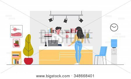 Design Studio Reception Concept. Woker Standing At The Counter