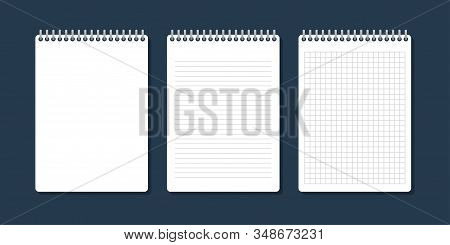 Three Different Notebooks In A Cell, In A Line And Plain, A Picture On A Blue Background. Three Are 