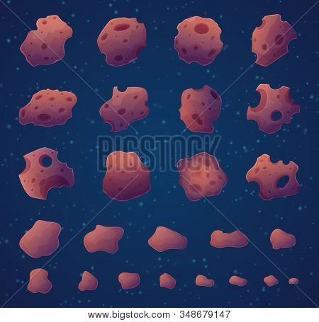 Asteroids. Space Rocks Stars And Fantasy Planets Vector Asteroids Collection Burning Stones. Asteroi