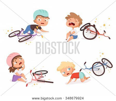 Bike Accident. Kids Fallen Damaged Bicycle Broken Transport Children Accidents Helping Person Vector