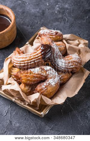 Delicious Churros Sticks Deep Fried And Dusted With Powdered Sugar. Sweet Street Spanish Food.top Do