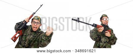 Military man with a gun isolated on white