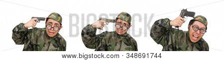 Military man with a gun isolated on white