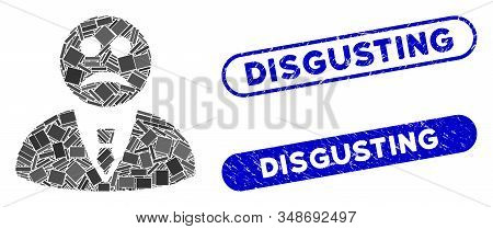 Mosaic Sad Manager And Rubber Stamp Watermarks With Disgusting Text. Mosaic Vector Sad Manager Is Co
