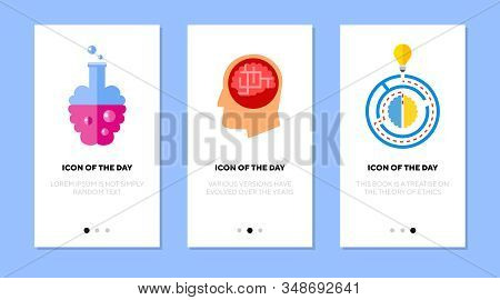 Brainwork Flat Icon Set. Human Head, Maze, Labyrinth, Lightbulb Isolated Sign Pack. Brain, Task Solu