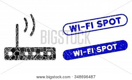 Mosaic Wi-fi Modem And Rubber Stamp Watermarks With Wi-fi Spot Caption. Mosaic Vector Wi-fi Modem Is