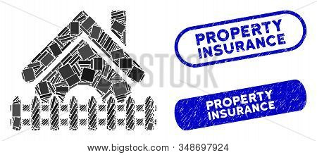 Collage Home Fence And Distressed Stamp Seals With Property Insurance Caption. Mosaic Vector Home Fe