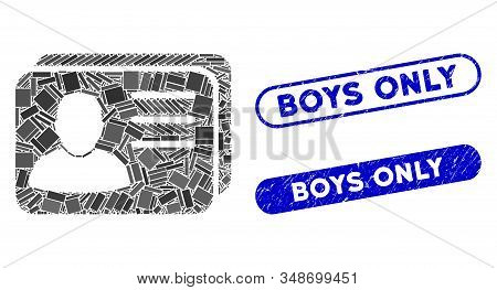 Collage Account Cards And Distressed Stamp Seals With Boys Only Text. Mosaic Vector Account Cards Is