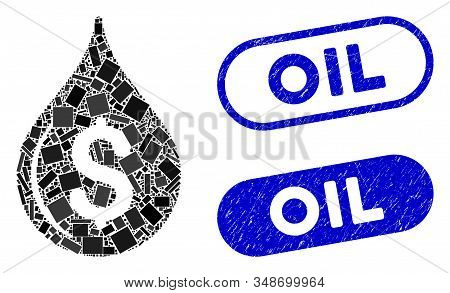 Mosaic Oil Drop Price And Rubber Stamp Seals With Oil Phrase. Mosaic Vector Oil Drop Price Is Create