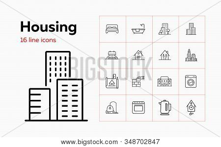 Housing Line Icon Set. Bedroom, Building, Kettle. Construction Concept. Can Be Used For Topics Like 