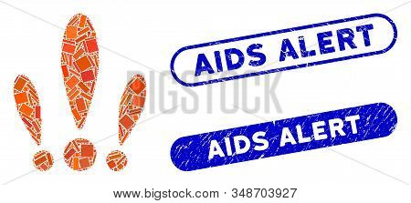 Mosaic Alert And Corroded Stamp Seals With Aids Alert Phrase. Mosaic Vector Alert Is Designed With S